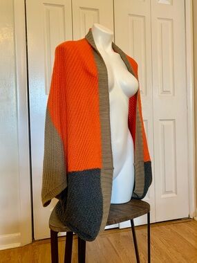Open-Front Colorblock Knit Sweater Cardigan - Orange & Gray